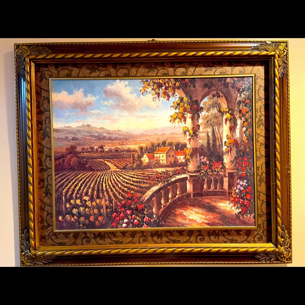 Vineyard painting with detailed frame.